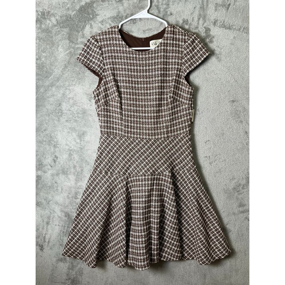Eliza J Plaid Tweed Fit Flare Dress Brown Cream Textured Preppy Old Money Chic 8